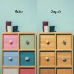Antes y después de la renovación de mueble de madera con pintura para un acabado moderno.