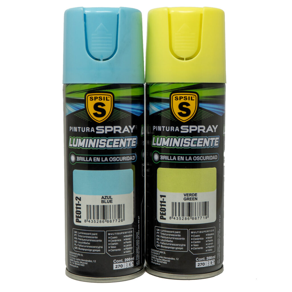 PE011_Spray Luminescente Azul SPSIL, ideal para efectos brillantes y visibles en condiciones de poca luz. Perfecto para señalización y proyectos creativos.