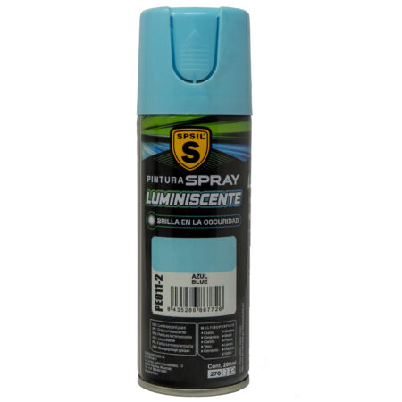 PE011-2_Spray Luminescente Azul SPSIL, ideal para efectos brillantes y visibles en condiciones de poca luz. Perfecto para señalización y proyectos creativos.