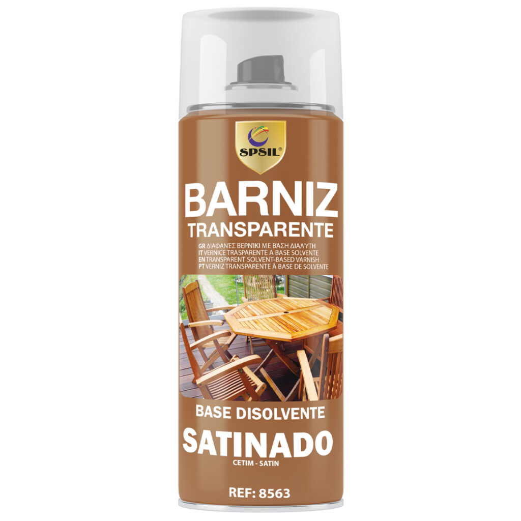 8563_Spray barniz transparente satinado 400 ml, perfecto para proteger y dar un acabado brillante a superficies pintadas.