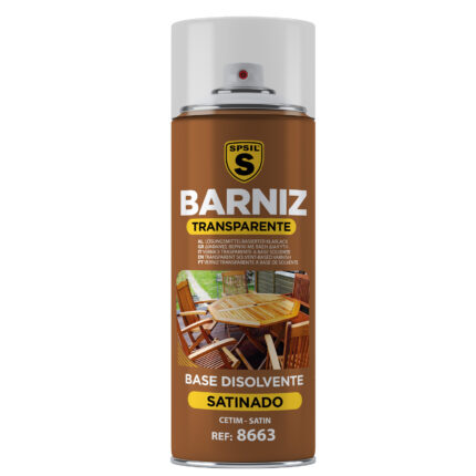 8663_Spray barniz transparente satinado 200 ml, perfecto para proteger y dar un acabado brillante a superficies pintadas.