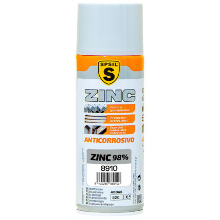 8910 Spray zinc anticorrosivo 400 ml, ideal para prevenir la oxidación y proteger superficies metálicas, asegurando una capa resistente y duradera contra la corrosión.