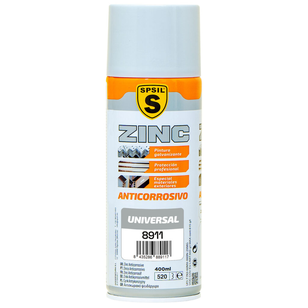 8911_Spray zinc universal anticorrosivo 400 ml, ideal para prevenir la oxidación y proteger superficies metálicas, asegurando una capa resistente y duradera contra la corrosión.