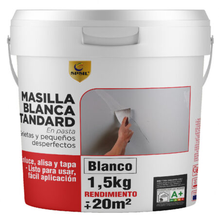 AT005 Masilla blanca SPSIL 1.5 kg para reparar grietas y pequeños desperfectos en paredes, proporcionando un acabado suave y duradero. Ideal para reformas y mantenimiento en interiores.