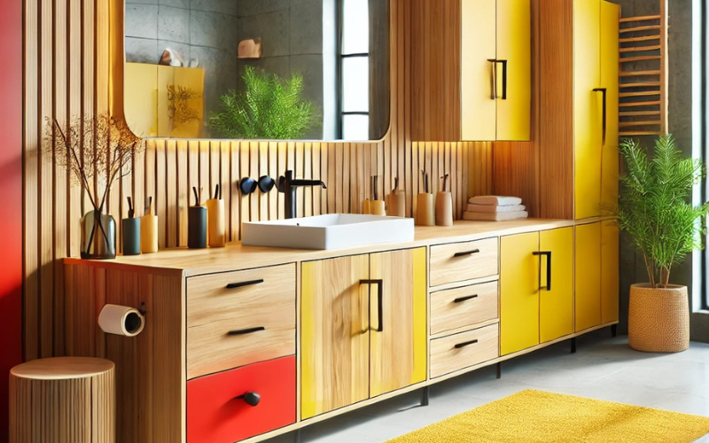 Baño moderno con muebles de madera en amarillo y rojo vibrante barnizados